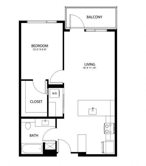 Floor plan for 1 bed, 1 bath, 684 sqft